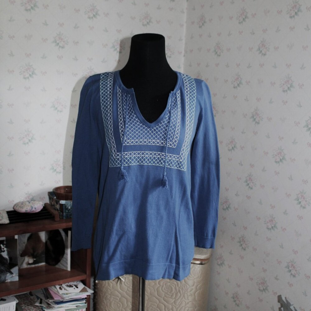 J. Crew Blue Peasant Style Embroidered Cotton Sweater, Small